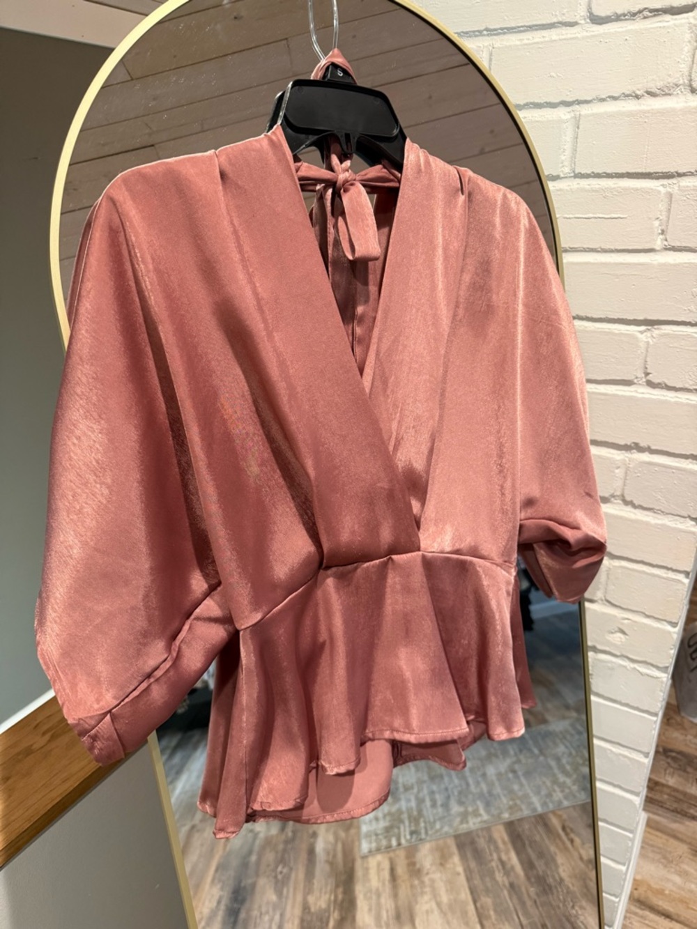Satin V-Neck Peplum Blouse in Dusty Rose